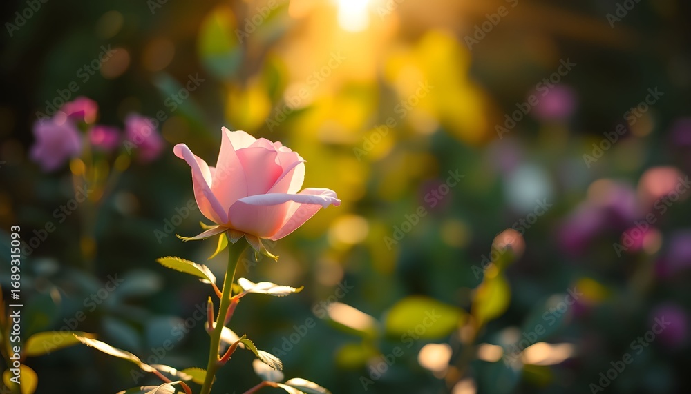 Obraz premium Close-up of a beautiful pink rose in a garden at sunset.