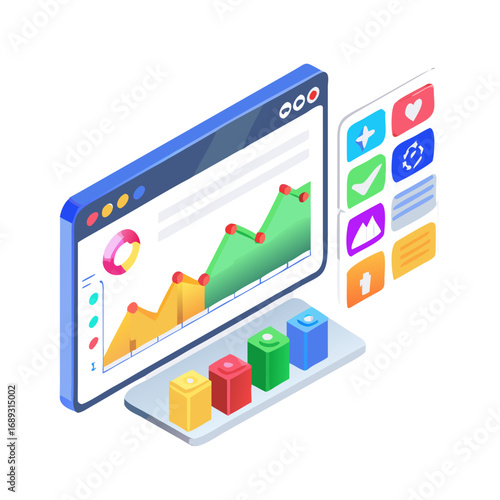 Isometric digital dashboard displaying financial charts and graphs with colorful icons for data analysis and business insights