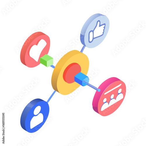 Abstract isometric representation of social media connections and user engagement with icons for likes hearts people and groups