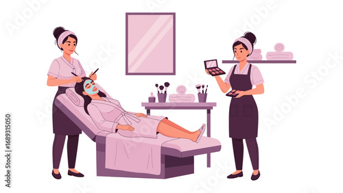 Two professional makeup artists applying facial treatments and cosmetics to a relaxed client in a salon setting