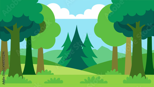 Stylized cartoon forest landscape with lush green trees and rolling hills under a bright blue sky with fluffy white clouds