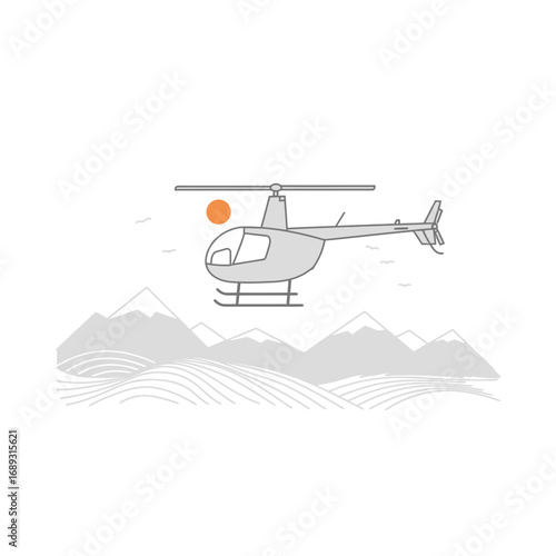 Helicopter Flying Over Mountainous Landscape at Sunset