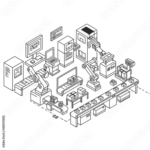 Isometric Illustration of Automated Factory Production Line