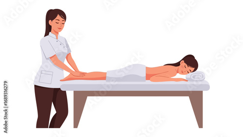 Professional massage therapist gently massaging a woman s leg on a spa treatment table