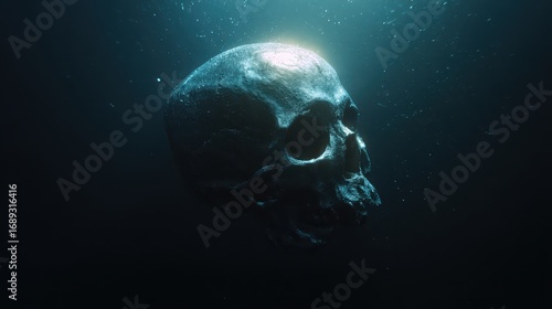 Mysterious Skull Underwater with Dramatic Lighting in Dark Depths