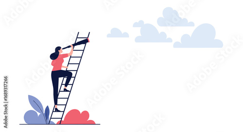 Woman climbing ladder with telescope looking up at clouds for future opportunities