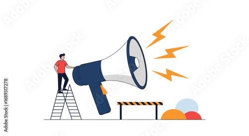 Announcing important news through a large megaphone with lightning strikes symbolizing urgent communication