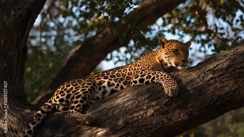 A leopard resting on a tree branch.