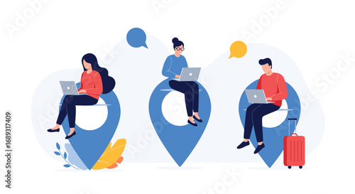 People working on laptops connected remotely to different locations around the world