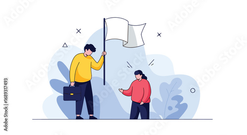 Two colleagues standing by a flag representing success and goal achievement