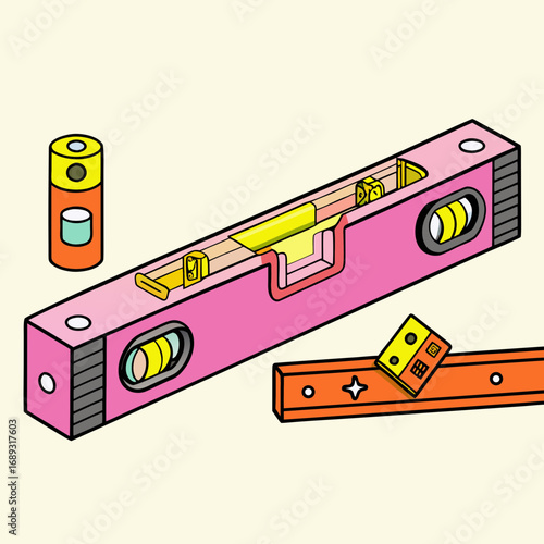 Level tool, colorful style, measuring instruments, playful illustration with variants