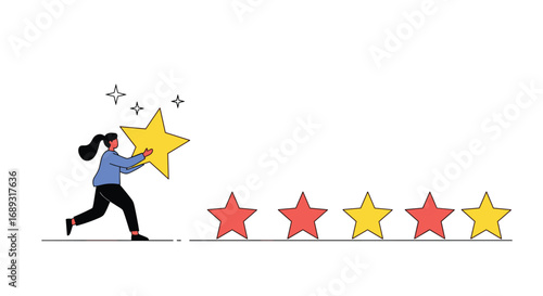 Woman placing a star to complete a five star rating system for customer feedback and satisfaction review