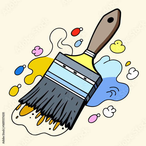 Paintbrush, colorful style, painting tool, playful illustration with paint splashes