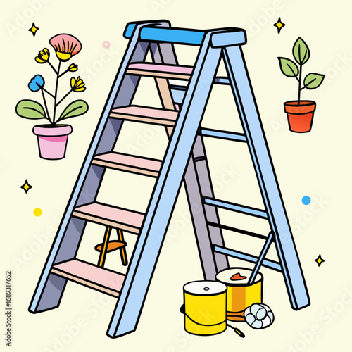 Step ladder, colorful style, household tool, playful illustration with plants