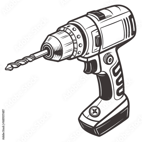 Power drill, monochrome style, electric tool, detailed illustration