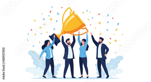 Team celebration success and achievement holding a golden trophy together amidst falling confetti