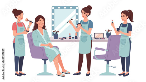Professional makeup artists assisting a client with beauty treatments in a well lit salon setting