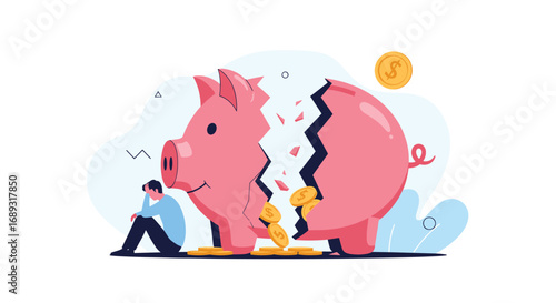 Broken piggy bank with coins falling out man looks sad financial crisis concept