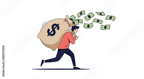 Man running with a bag of money falling out illustrating financial loss or spending
