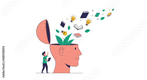 New ideas and knowledge blossoming from an open human mind with a small person planting a seed