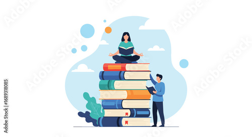 Person meditating on a stack of books while another person reads nearby