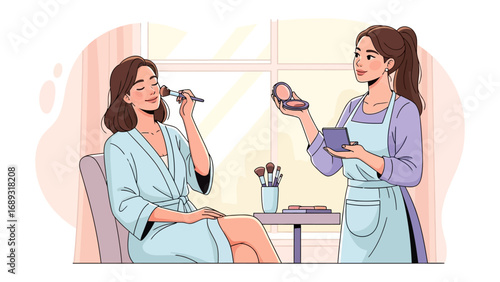 Skilled makeup artist applying cosmetic products to a client in a relaxed salon setting