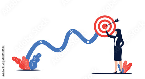 Businesswoman aiming for her goal on a chart showing progress and success in strategic planning