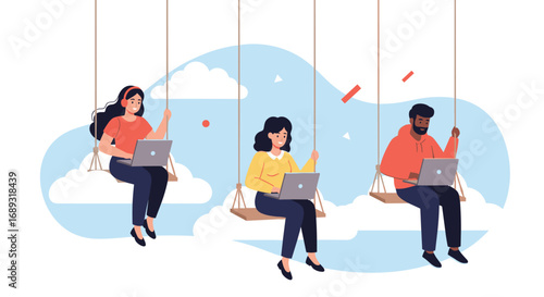 People working remotely on swings outdoors with laptops and cloud background
