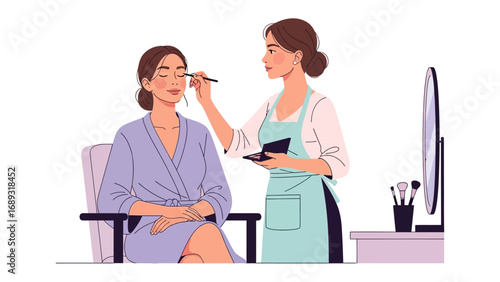 Professional makeup artist applying cosmetics to a client sitting in a chair with a white background and mirror