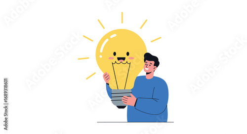 Person holding a bright glowing idea light bulb with a happy face illustration
