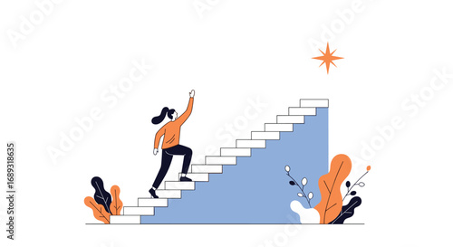 A determined woman ascends stairs towards her bright future goal