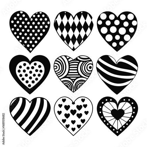 Nine Black and White Hearts with Diverse Geometric Patterns love valentine
