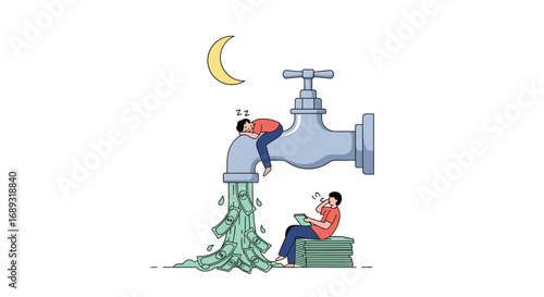 Nighttime water crisis people struggling with leaking faucet under crescent moon