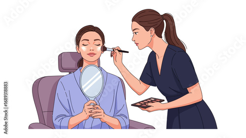 Professional makeup artist applying foundation to a client s face with a brush and mirror