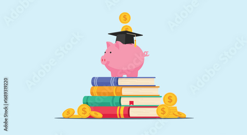 Saving money for education piggy bank on stack of books with falling coins