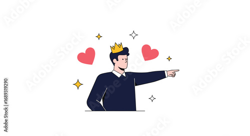 Confident man with crown and hearts symbolizing self love and success pointing forward
