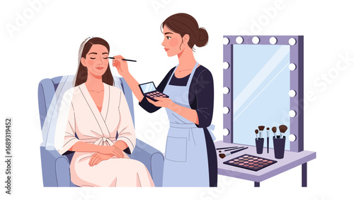 Professional makeup artist applying bridal makeup to a bride in a salon setting