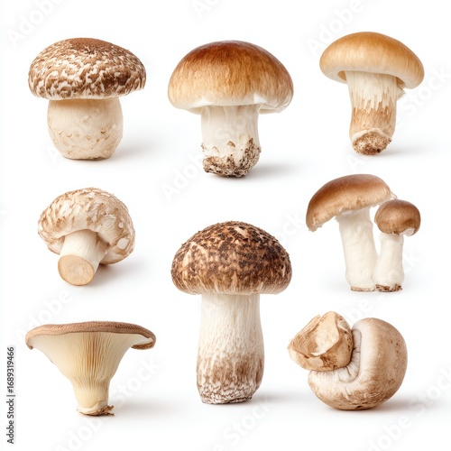 A collection of various mushroom varieties, showcasing their diverse shapes, textures, and colors. These mushrooms are beautifully displayed