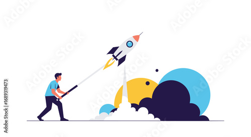 Man launching rocket into space with colorful smoke and planets for startup launch concept