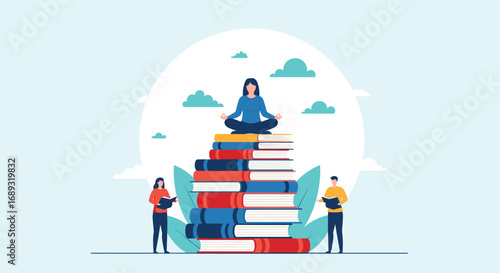Calm mindful person meditating on stack of knowledge books achieving serenity and balance
