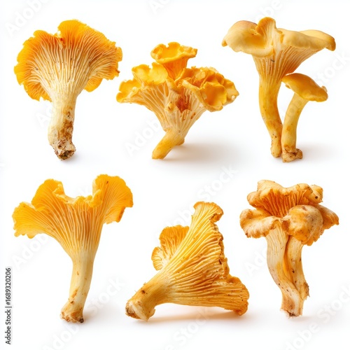 Six vibrant yellow mushrooms, captured from multiple angles, showcasing their unique forms and textures