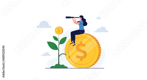 A person with binoculars sits on a giant gold coin a plant grows next to them illustrating financial growth opportunities