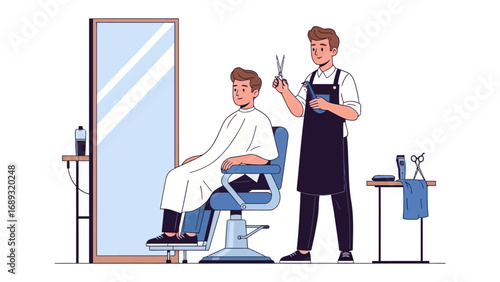 Modern barber shop scene featuring a stylist giving a haircut to a client in a chair