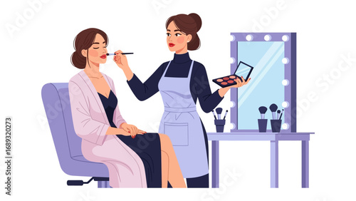Professional makeup artist applying cosmetics to a client sitting in a chair in a beauty studio