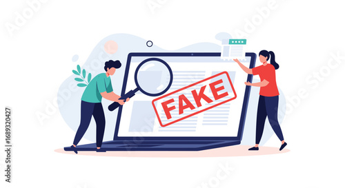 Online information verification people using magnifying glass to inspect fake news on a laptop screen