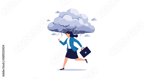 Woman running from storm cloud symbolizing stress and negative thoughts escaping life challenges