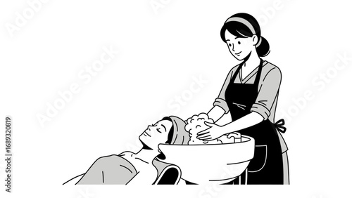 Stylist washing client s hair over a sink in a salon setting with a friendly expression