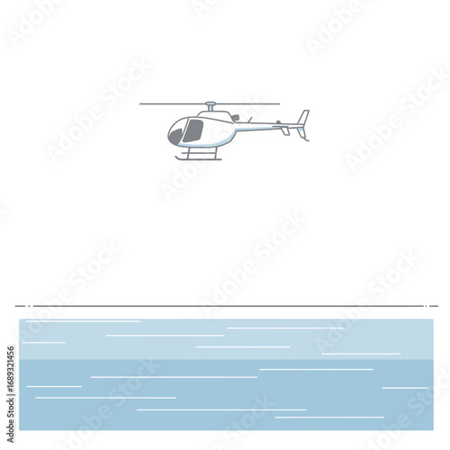 White Helicopter Flying Over Calm Blue Water