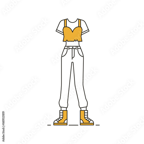 Woman's Fashion Illustration: Mustard Yellow Crop Top and White Jeans Outfit