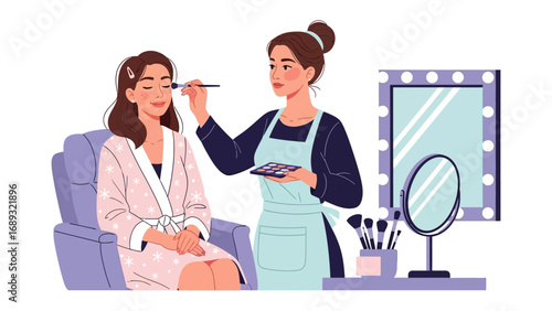 Professional makeup artist applying makeup to a client in a salon with a mirror and brushes